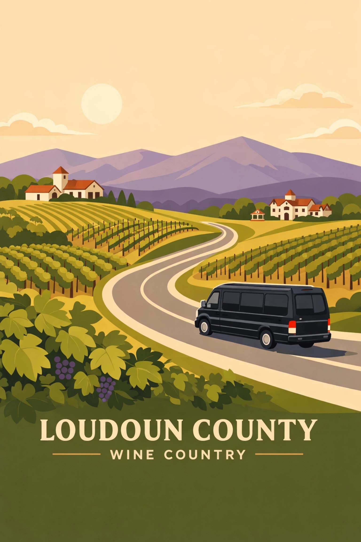 Luxury tour van driving through scenic Loudoun County wine country vineyards