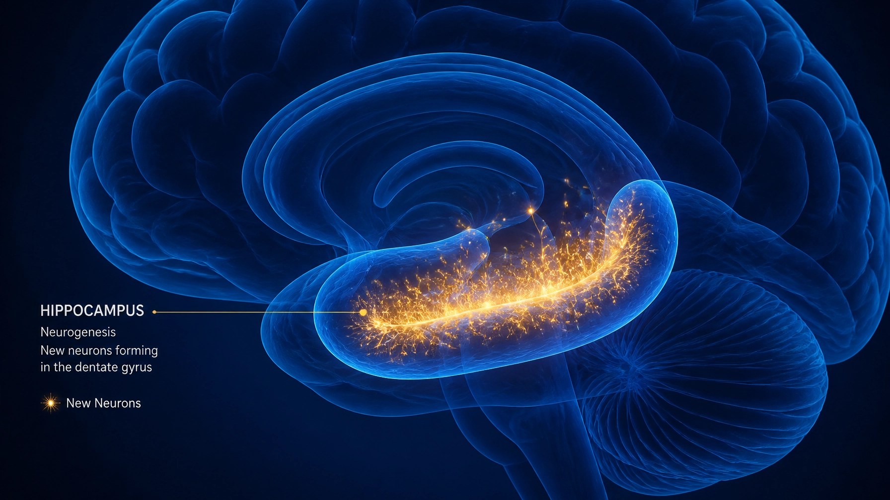 A 3D medical illustration of the human brain with glowing sparks representing neurogenesis and the formation of new neural connections.