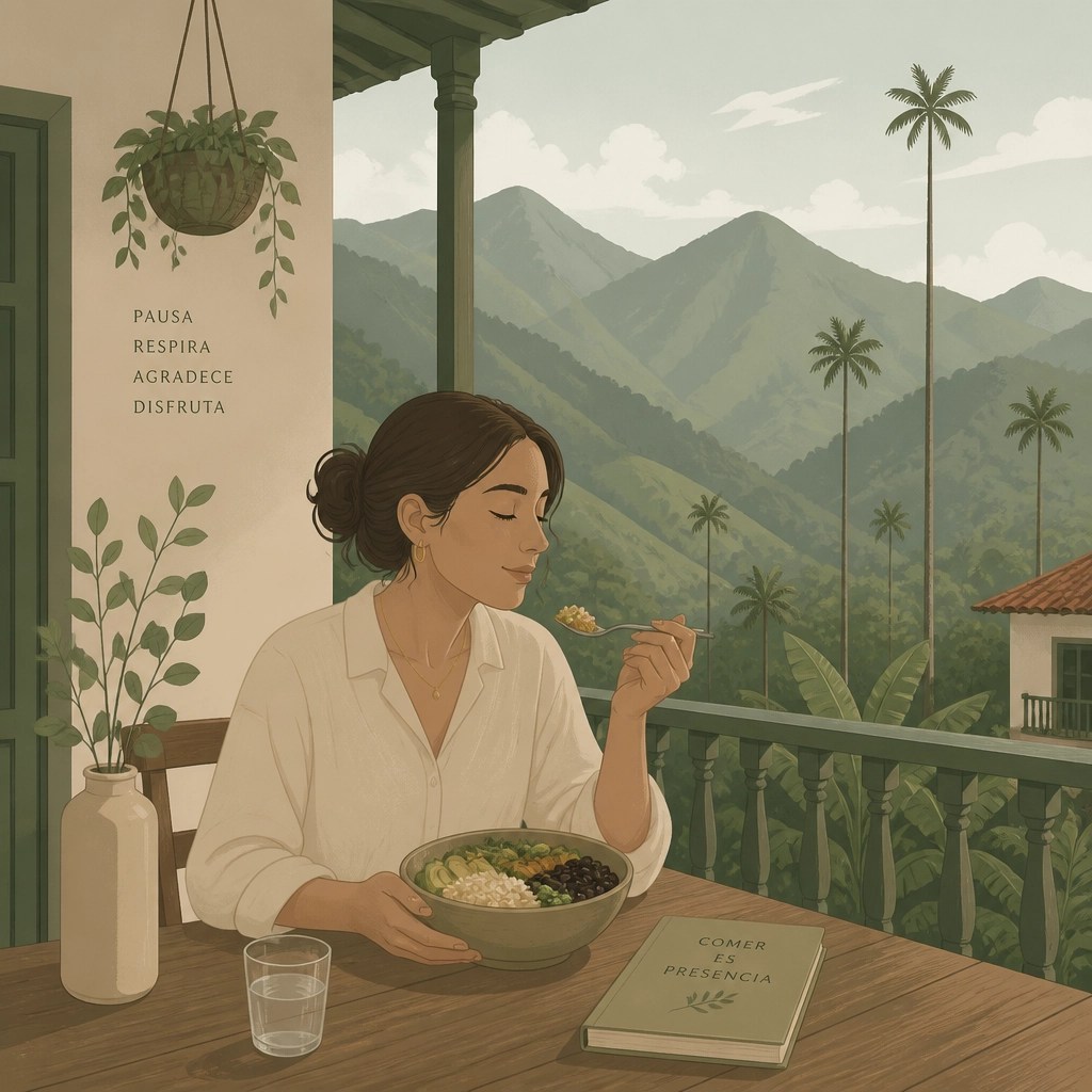 Una persona disfrutando de su comida de manera consciente en un entorno tranquilo, reflejando la importancia del ritual de alimentación.