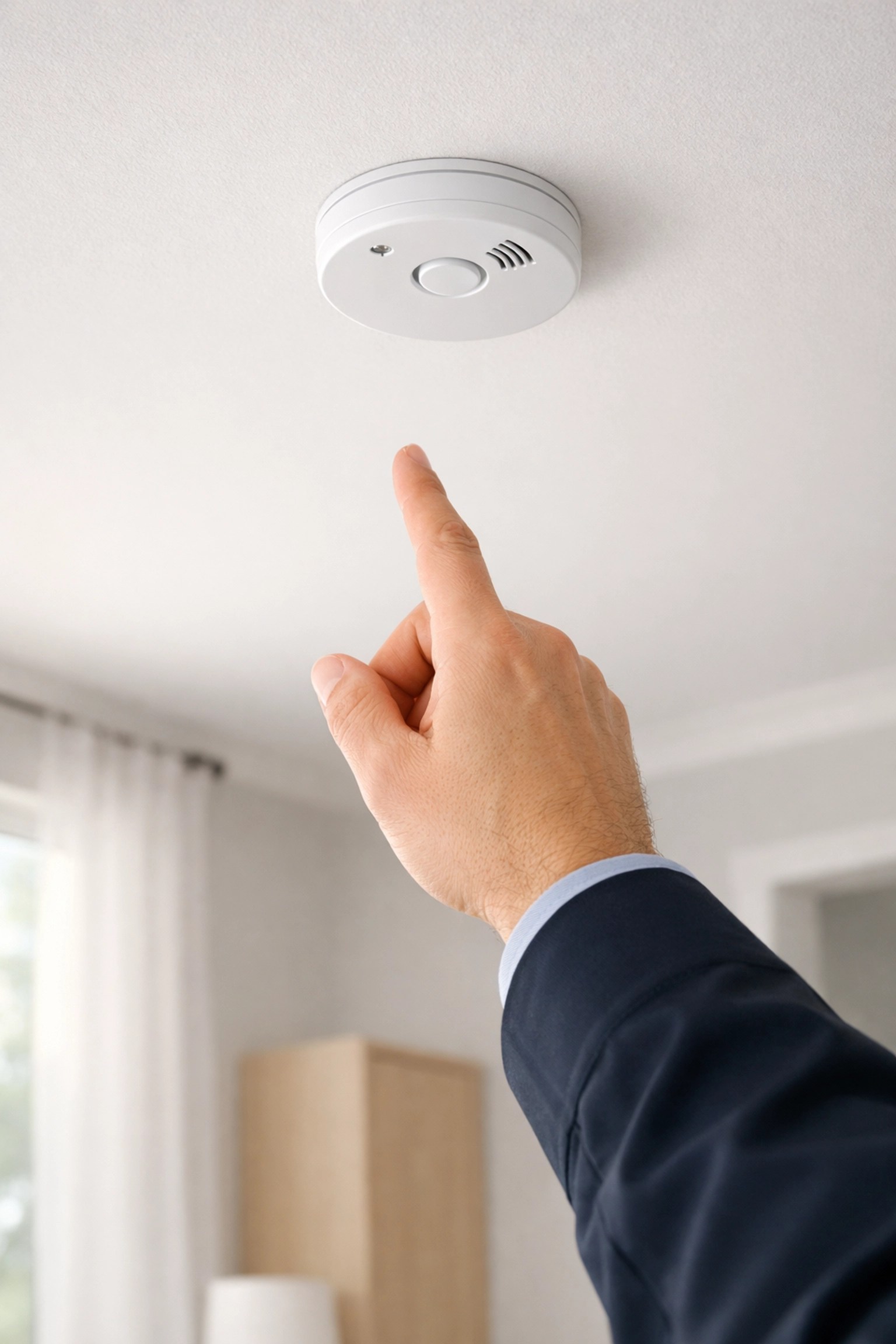 Safety inspector checking smoke detector for short-term rental permit compliance