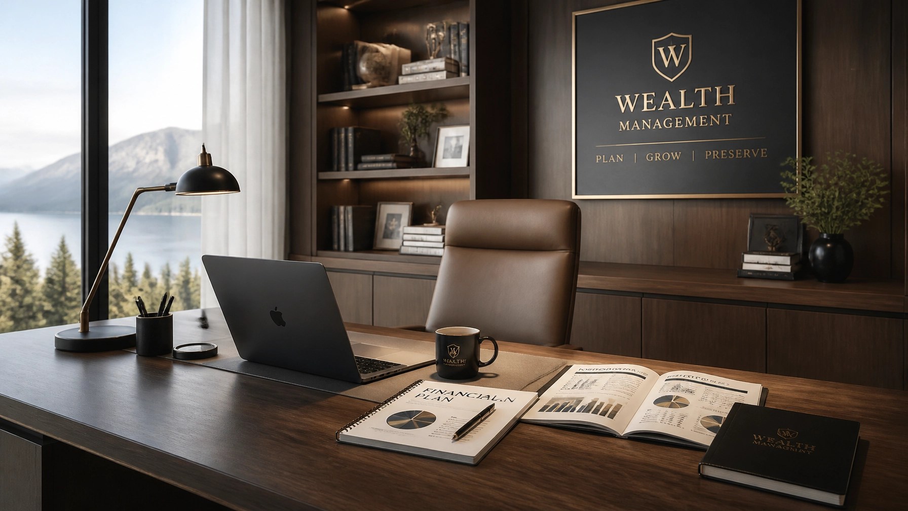 A luxurious modern home office with a sleek desk, laptop, and financial planning tools