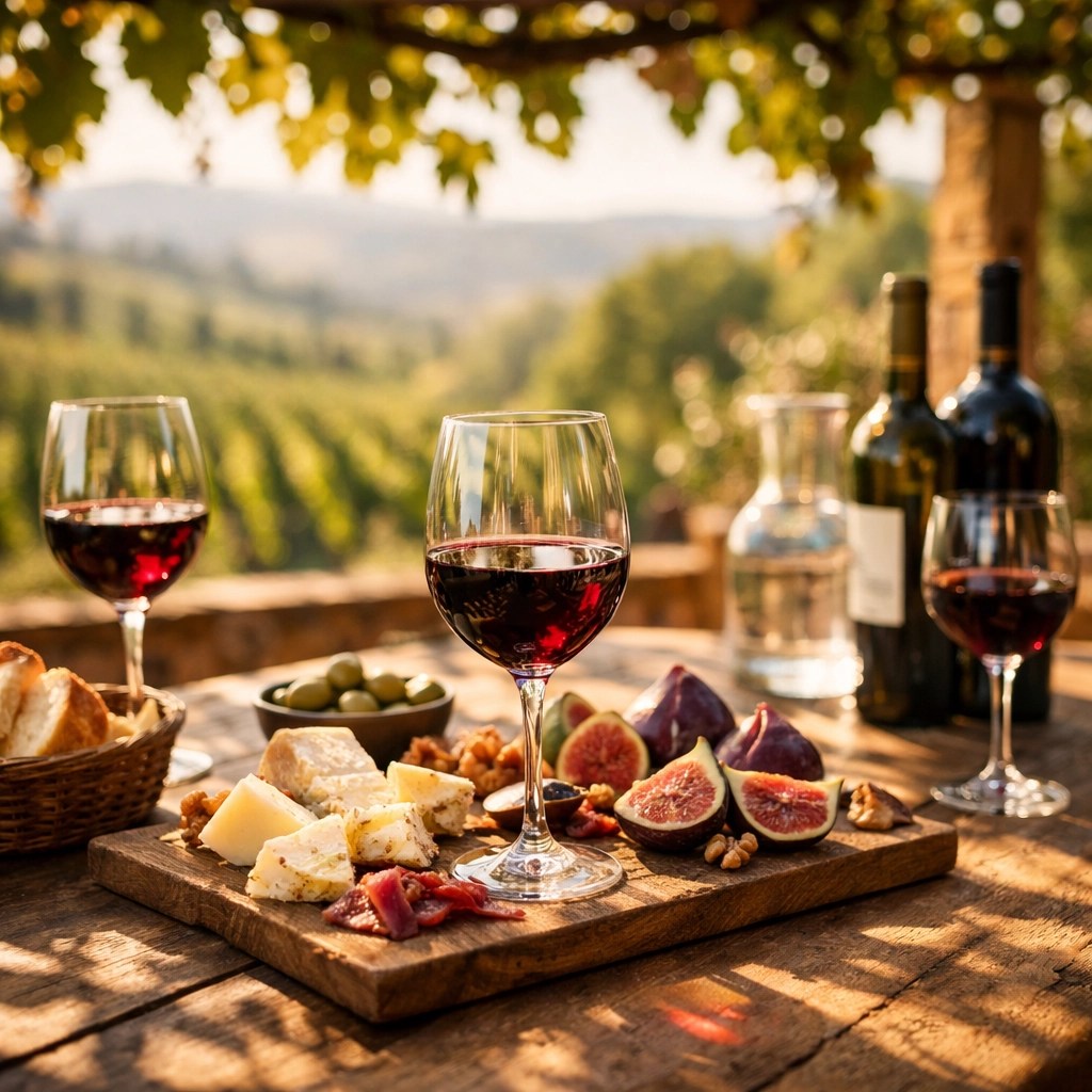 Private wine tasting with cheese on Tuscan vineyard terrace