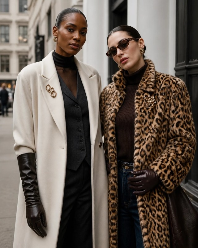 Two adult models in refined Fall 2026 layers, including a cream coat and leopard-print faux-fur outerwear