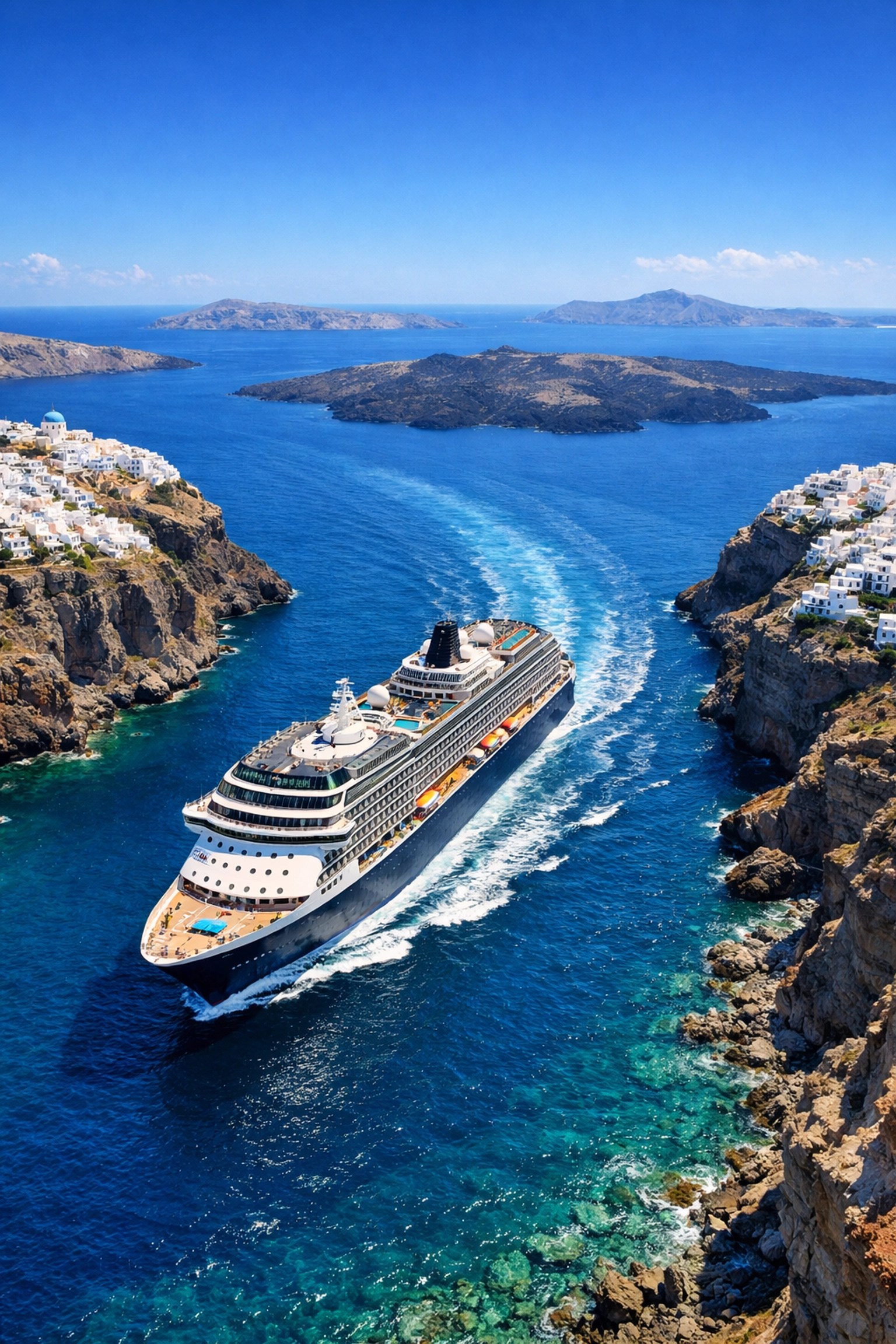 Luxury cruise ship sailing through turquoise Mediterranean waters near Greek islands
