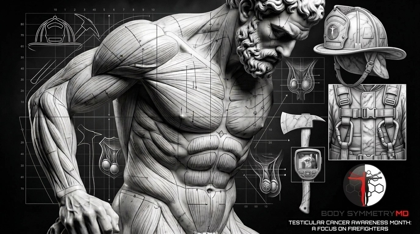A high-contrast forensic-style image of Atlas with digital grid lines and blueprint overlays, updated to reflect male firefighters within the Body Symmetry MD master sculptor aesthetic.