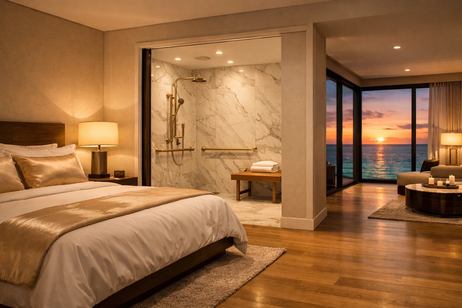 Luxury accessible hotel suite with roll-in shower and spacious floor plan for stress-free travel.