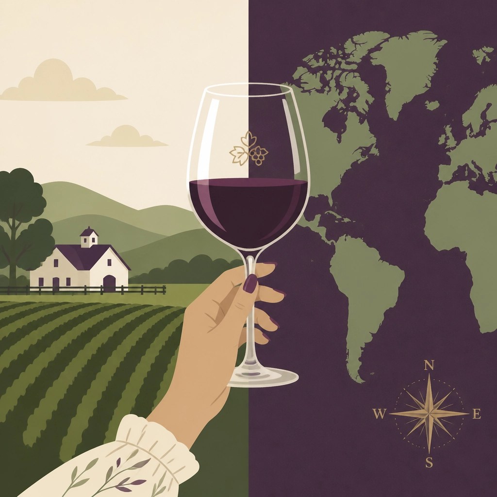 A wine glass held against a split backdrop of Virginia landscapes and a stylized world map