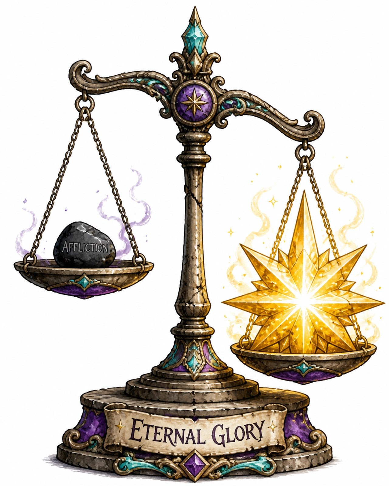 A scale showing light affliction on one side and a massive, glowing star of eternal glory on the other.