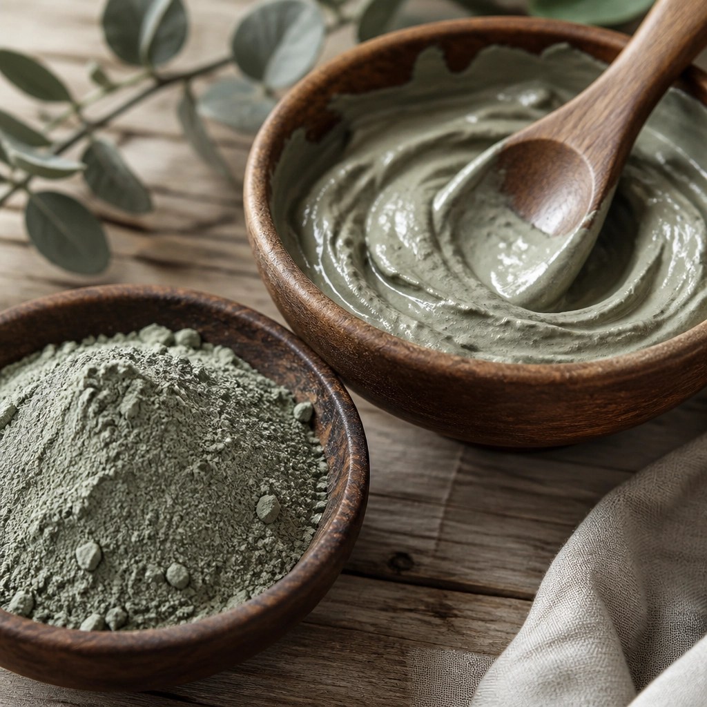 Green clay powder and paste in a wooden bowl