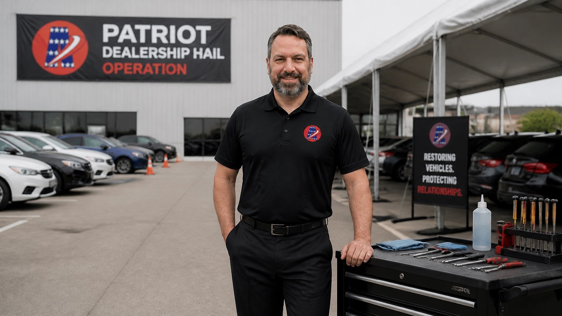 Professional PDR technician standing by tools with Patriot Badge branding