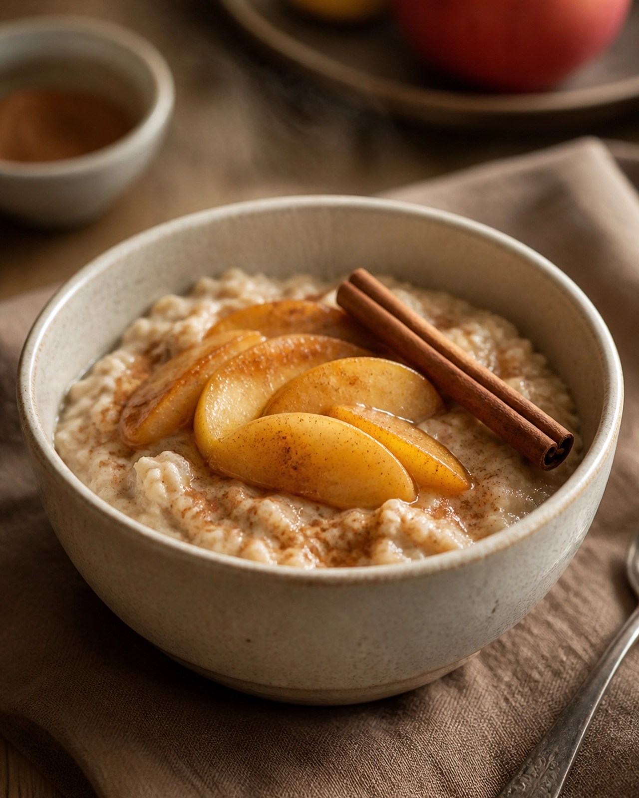 A steaming bowl of warm spiced morning porridge with stewed apples