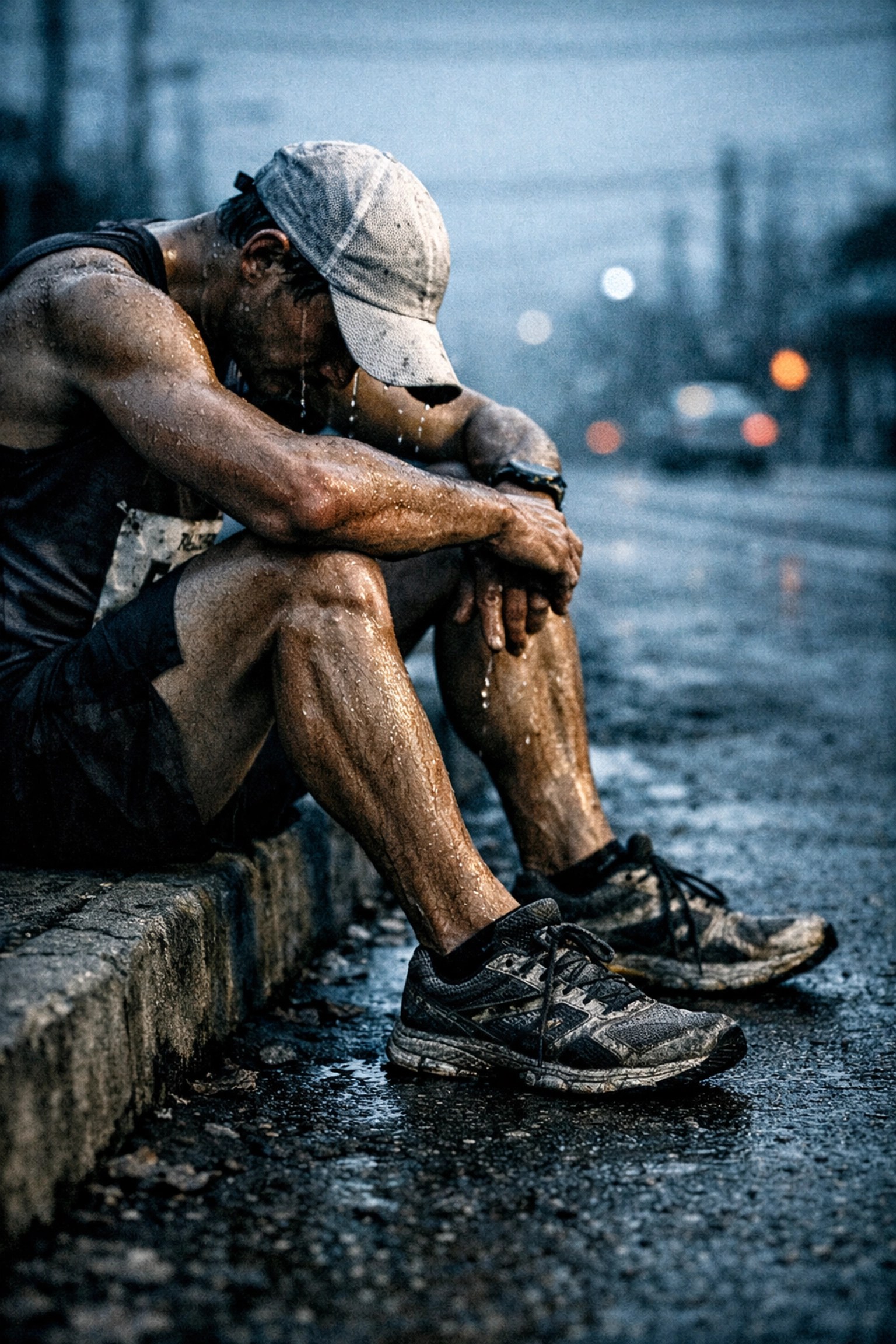 Exhausted marathon runner resting on a curb, highlighting calf muscle strain and inflammation.