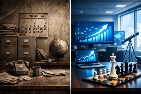 Office split view contrasting outdated workspace with modern digital environment showing business evolution vs stagnation