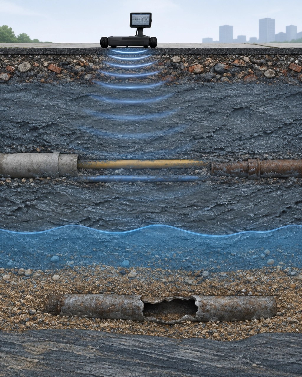 Technical cross-section showing weakened GPR signals in saturated clay and partially obscured buried utilities