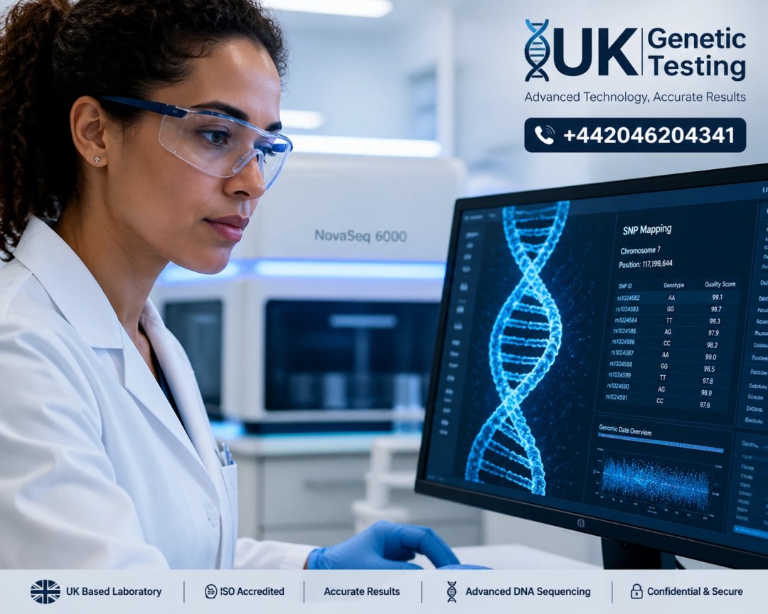 Technician analyzing genetic data in an accredited UK lab for DNA testing services.