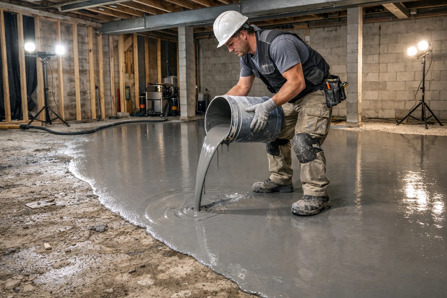 Préparation et nivellement d'une dalle de béton pour une rénovation de sous-sol.
