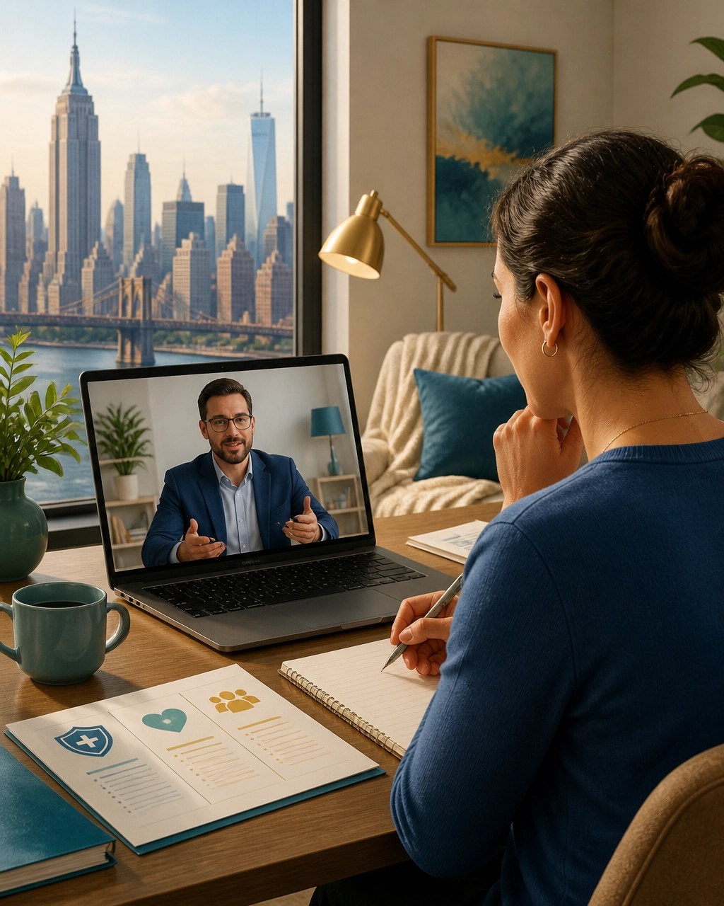A friendly advisor helping a New York resident compare individual health insurance options by video call