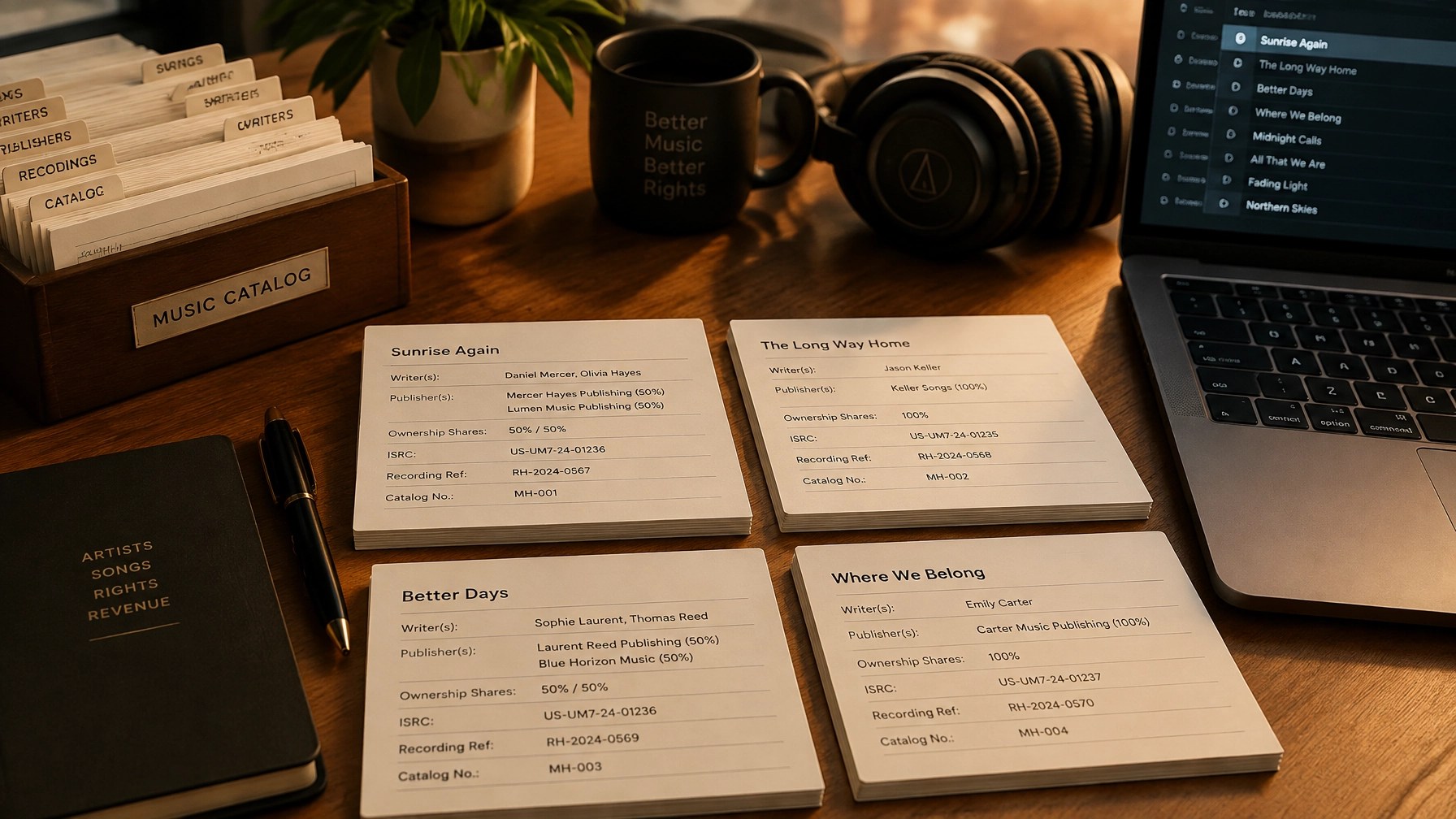 Organized catalog records showing title, writer, publisher, ownership shares, ISRC, recording reference, and catalog number