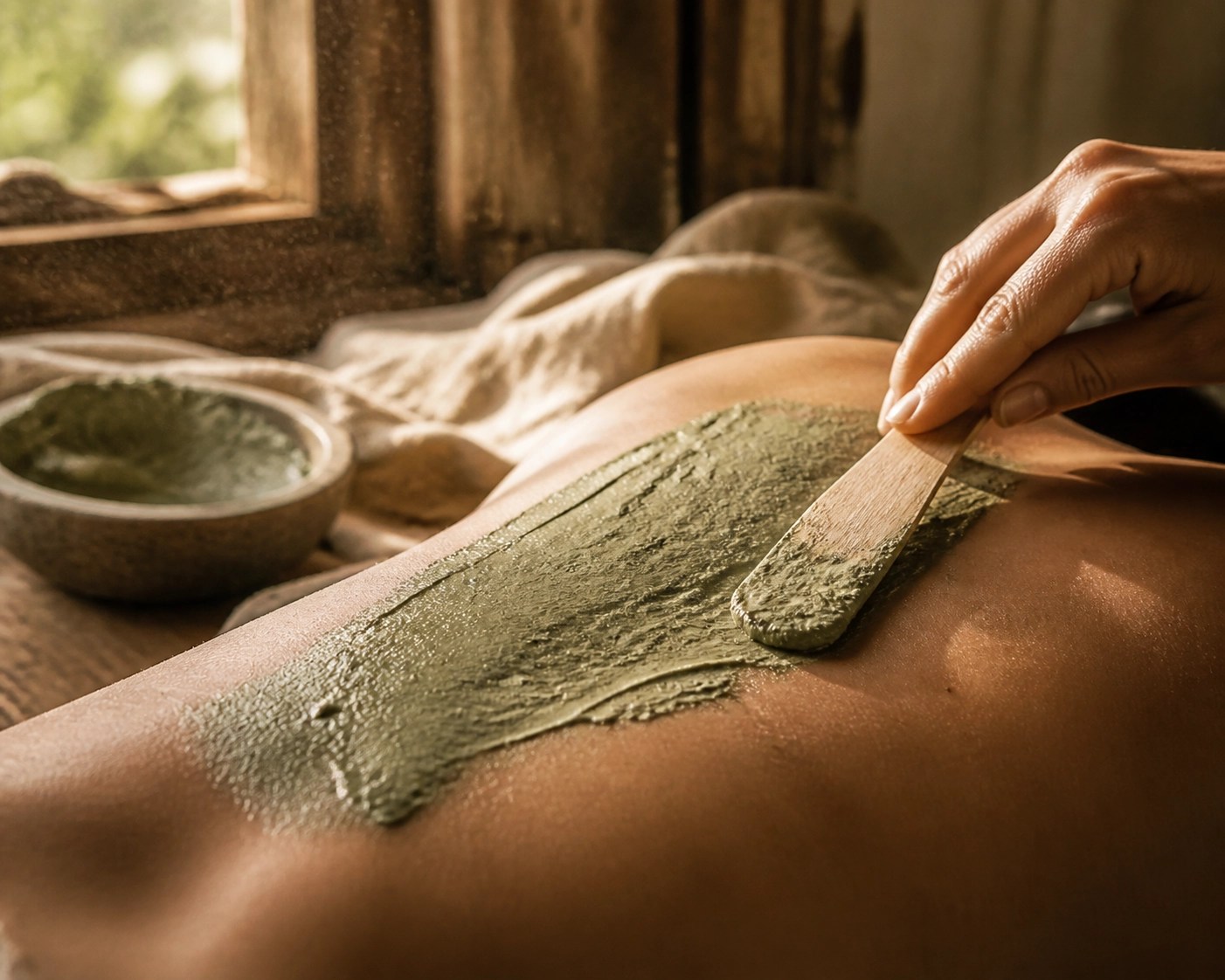 Natural green clay paste being applied to skin for a deep mineral detox and antibacterial treatment.