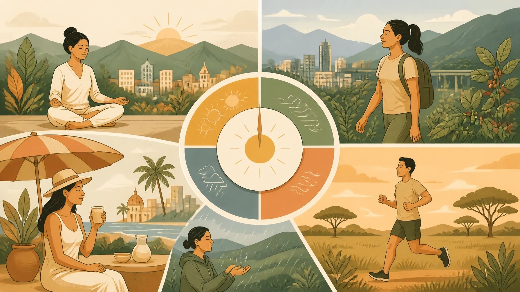Ilustración de rutinas ayurvédicas adaptadas a Bogotá, Medellín, Cartagena, el Eje Cafetero y los Llanos