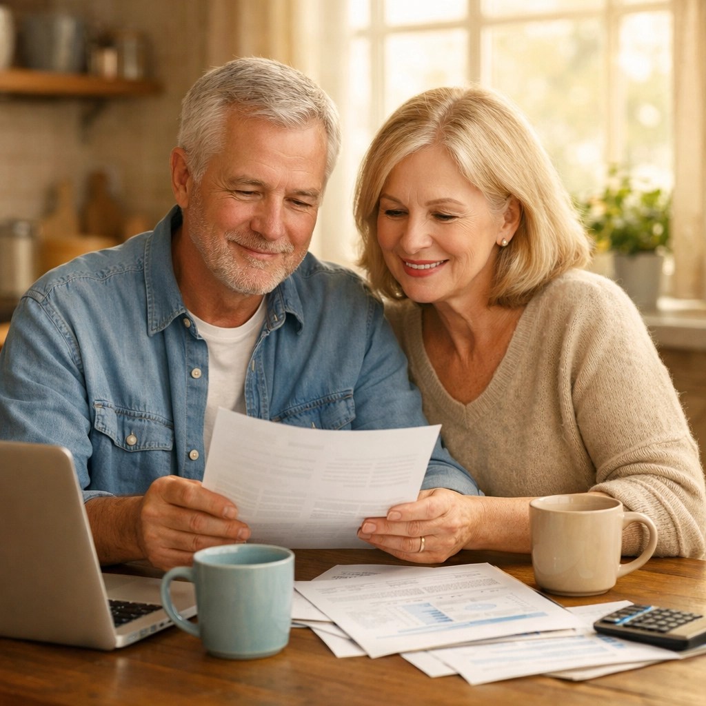 Retired couple reviewing retirement income floor documents at kitchen table with confidence