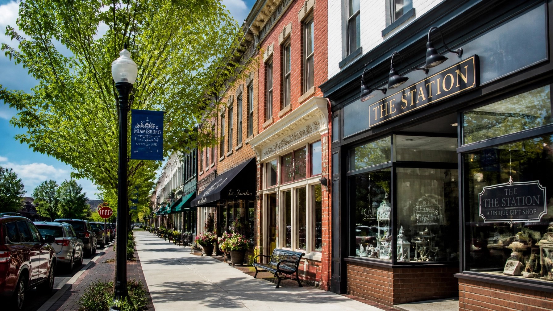 Charming historic downtown street in a town like Xenia or Miamisburg.