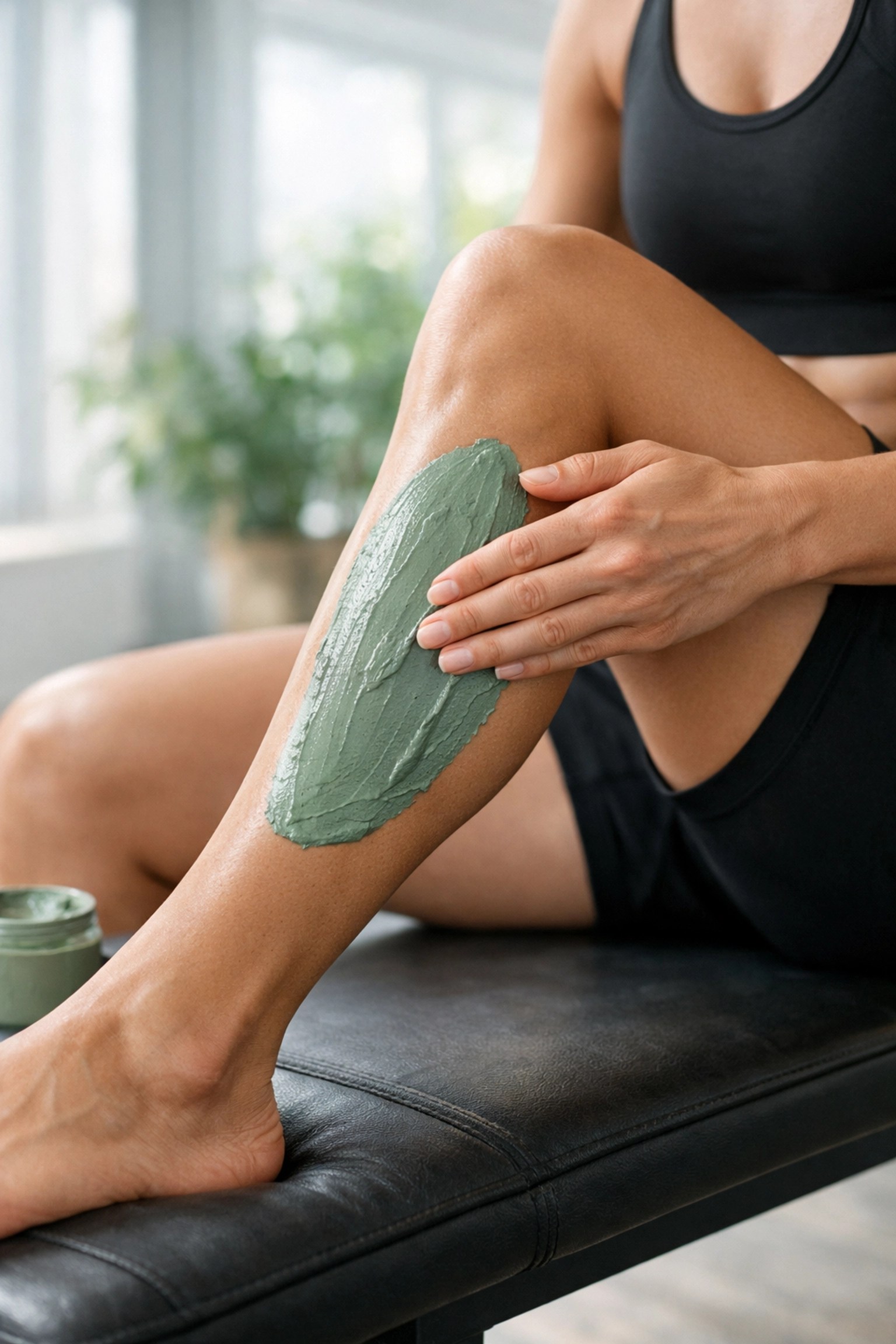 Athlete applying Clayer green clay to a sore calf muscle for natural sports recovery and detox.