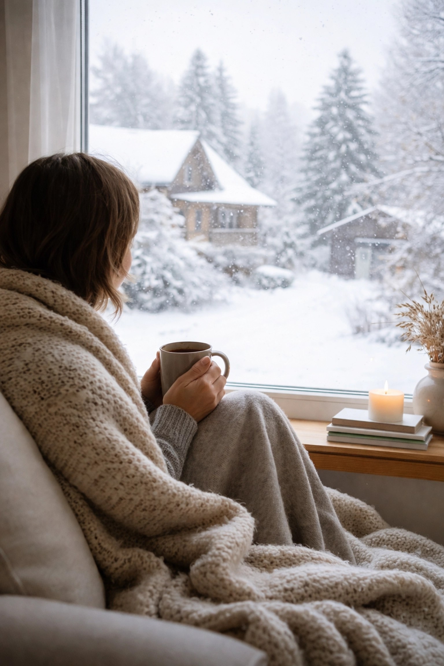 Person relaxes by frosted window with blanket and mug, illustrating safe rescheduling during winter storms