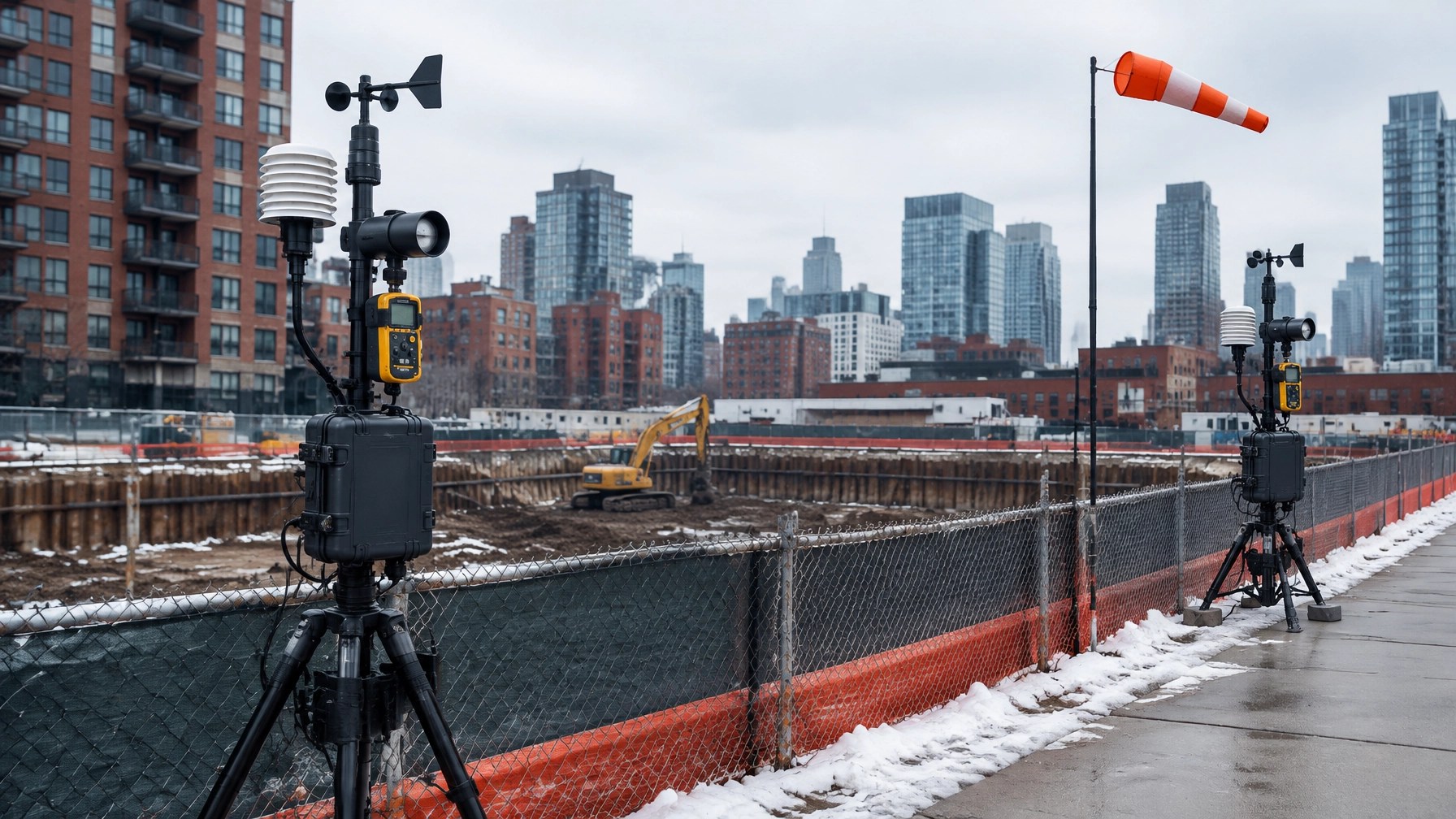 Upwind and downwind particulate and VOC monitoring stations positioned around an active NYC brownfield excavation