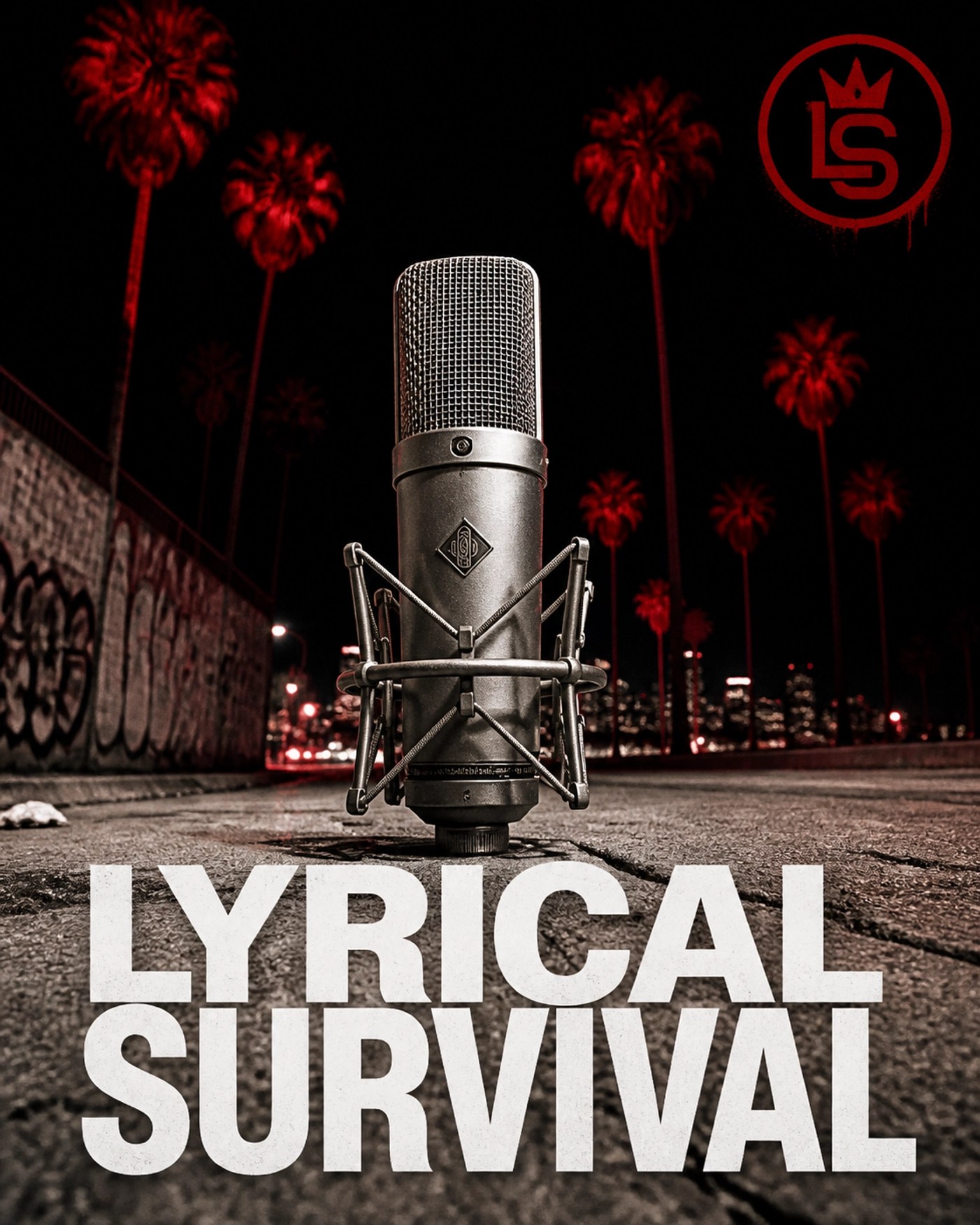 Urban microphone on an LA sidewalk under red palm trees with Lyrical Survival text.