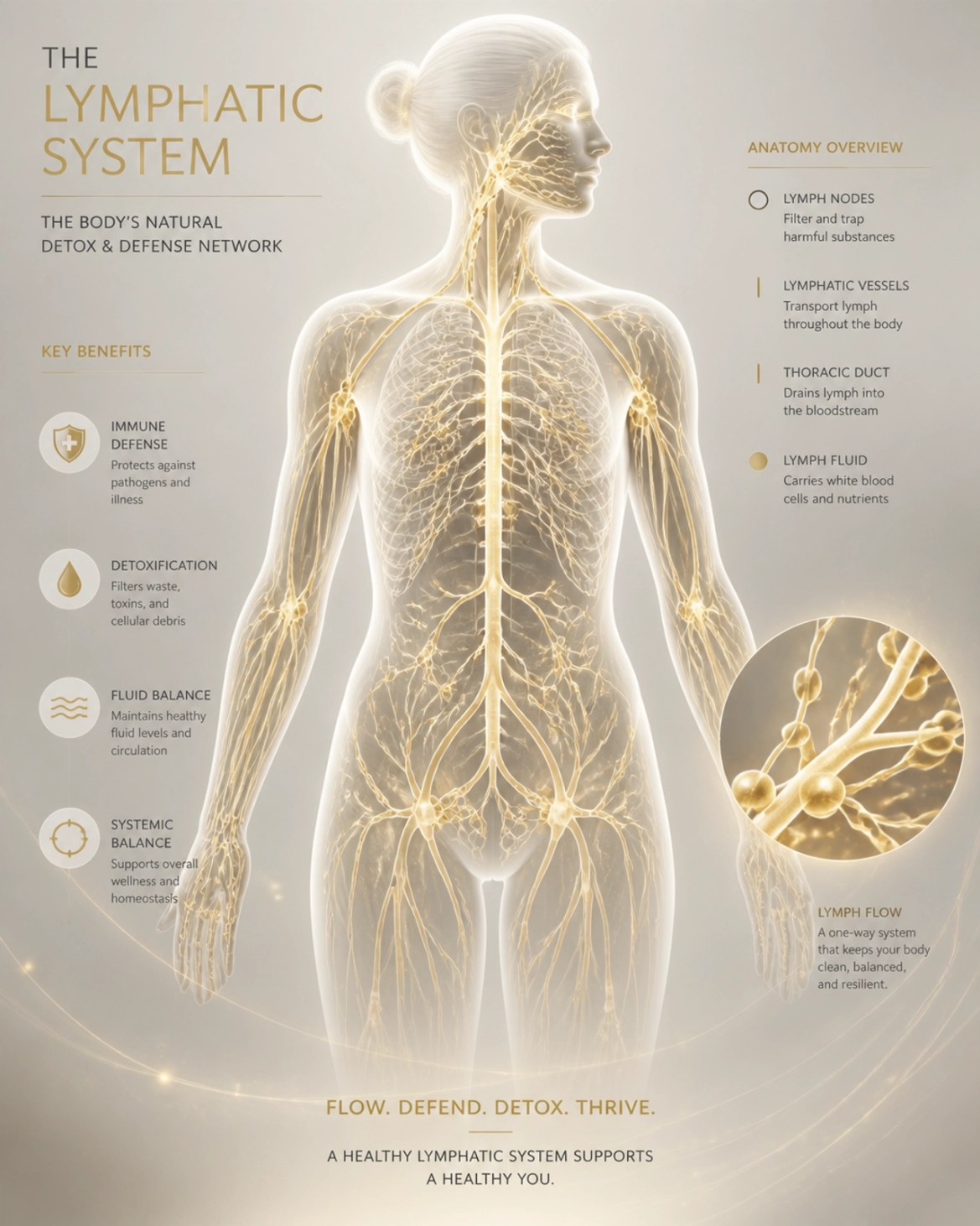 An elegant clinical illustration of the human lymphatic system with glowing white and gold lines