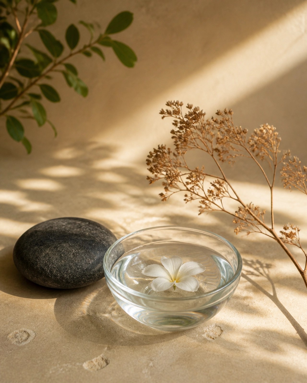 Still-life representation of the three Ayurvedic doshas through stones, water, and dried branches
