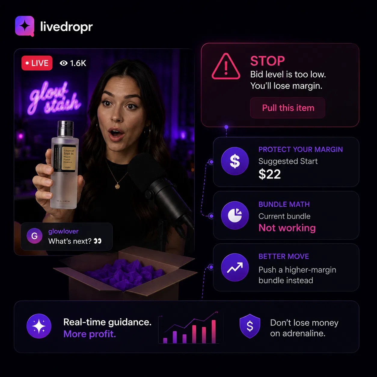 Livedropr dashboard showing bundle math and margin protection alerts during a live show
