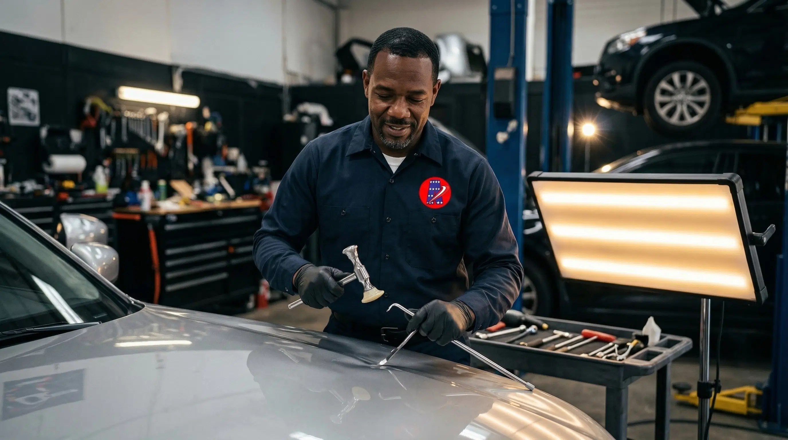 An experienced PDR technician uses specialized tools and a light board to repair hail dents, ensuring high-quality, retail-ready results.