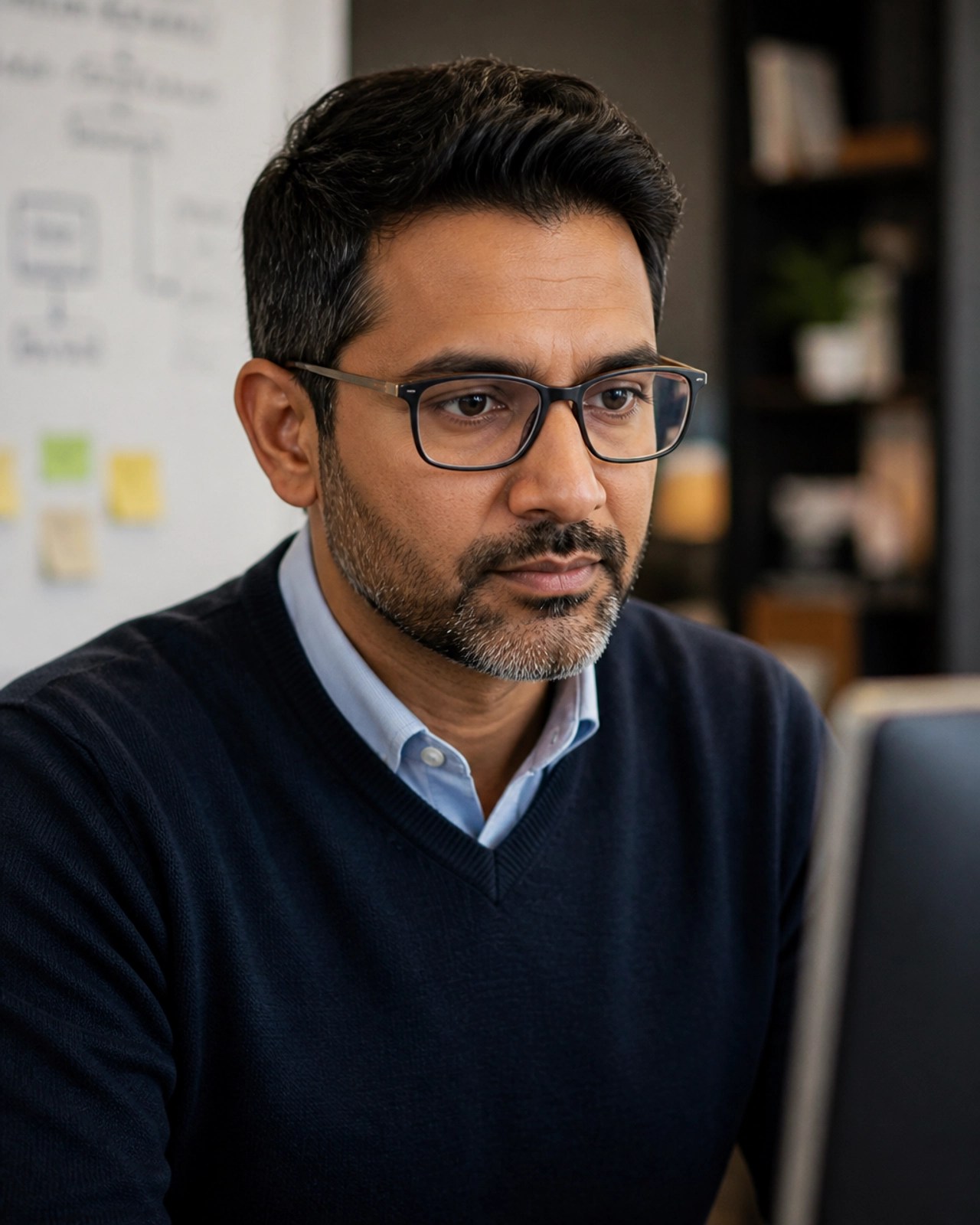 An individual portrait of a professional Technical Architect in a focused and thoughtful pose. The subject is a person in their late 30s, looking at a screen (out of frame). Shallow depth of field with a softly blurred, modern office background. Lighting is even and diffuse. Natural, slightly warm colour palette. Professional, calm, and authoritative atmosphere.