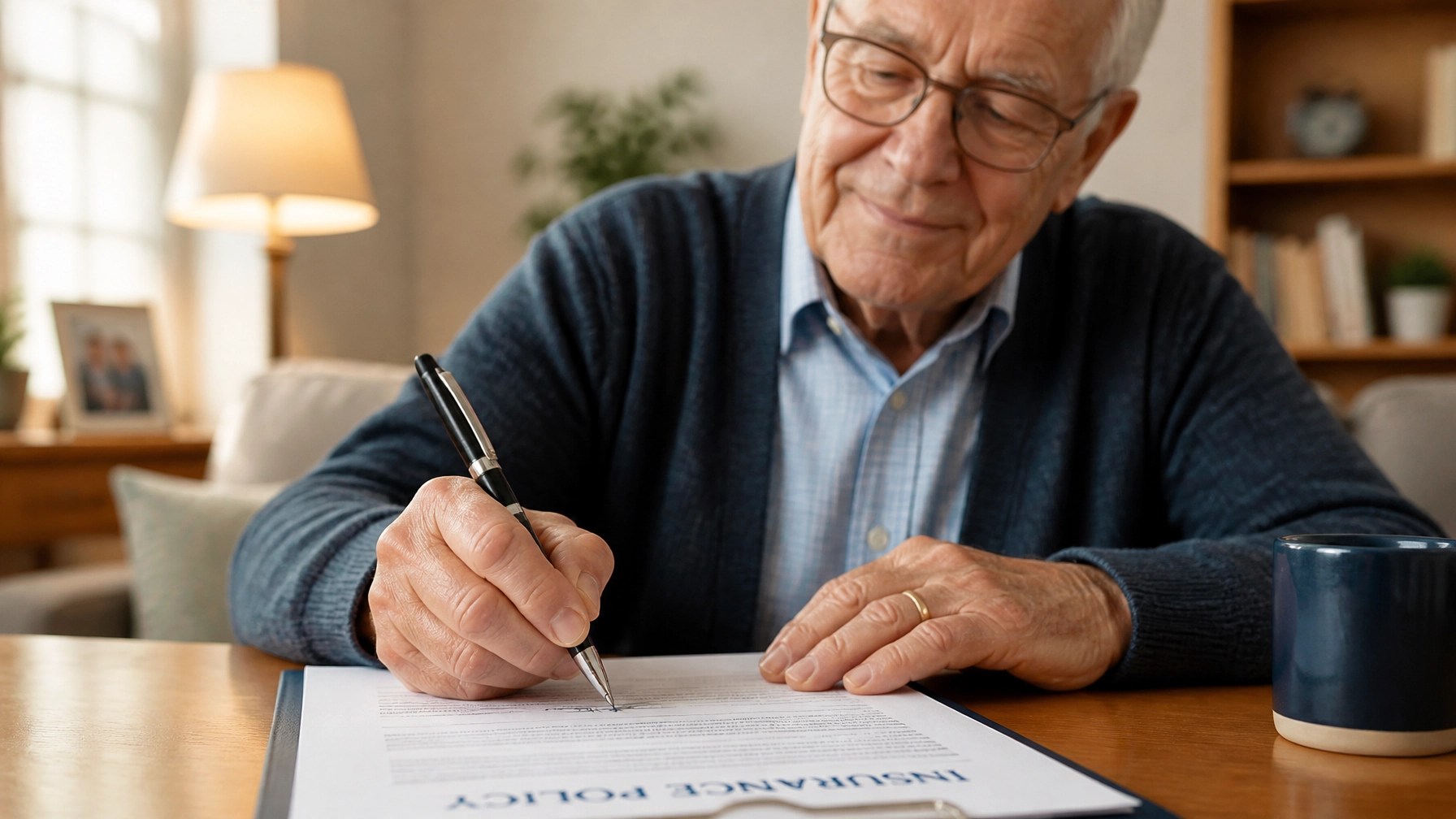 Close-up of a senior person's hand holding a pen signing a document or insurance policy with a calm and relieved expression