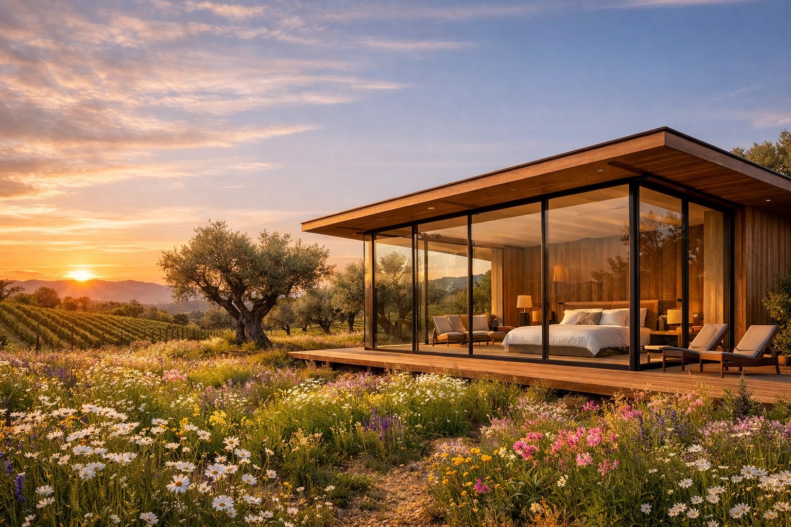 Modern luxury eco-suite with glass walls overlooking a lush regenerative vineyard and wildflower meadow at sunset.