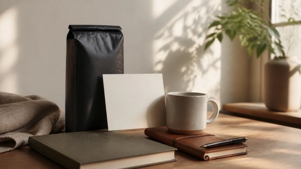 A calm welcome-desk arrangement with coffee, a book, and a blank note card in natural morning light