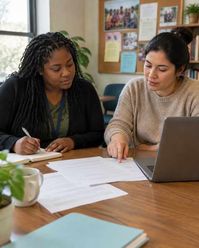 Two nonprofit team members review paperwork together.