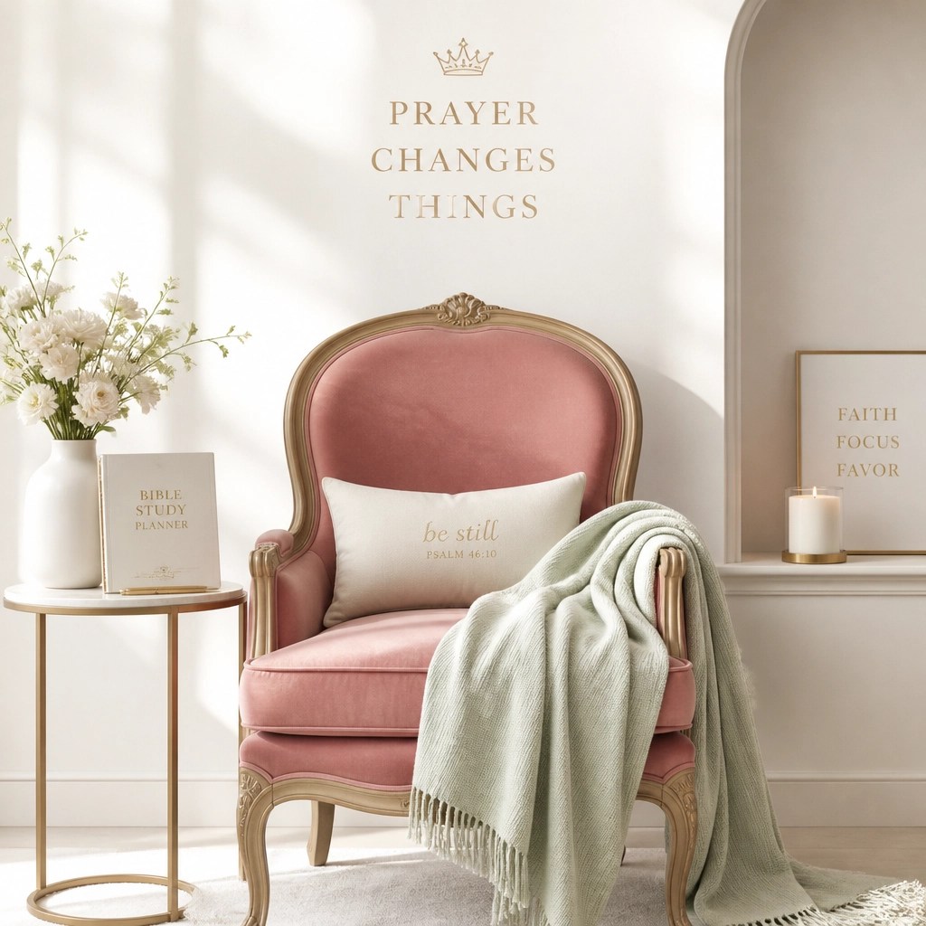 An intentional prayer space with a Bible study planner and velvet accents
