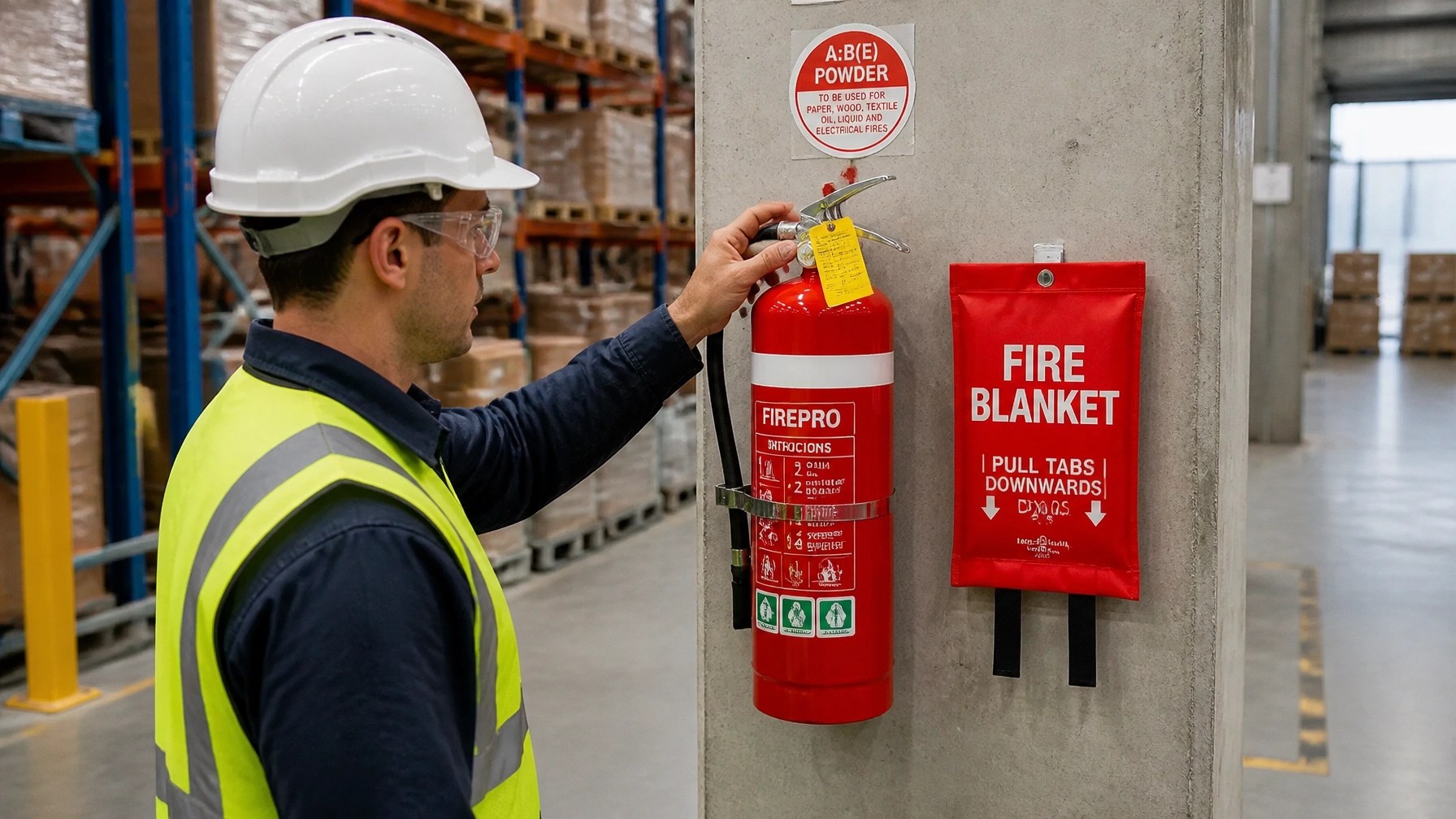 Fire safety equipment including extinguishers and blankets in a warehouse setting