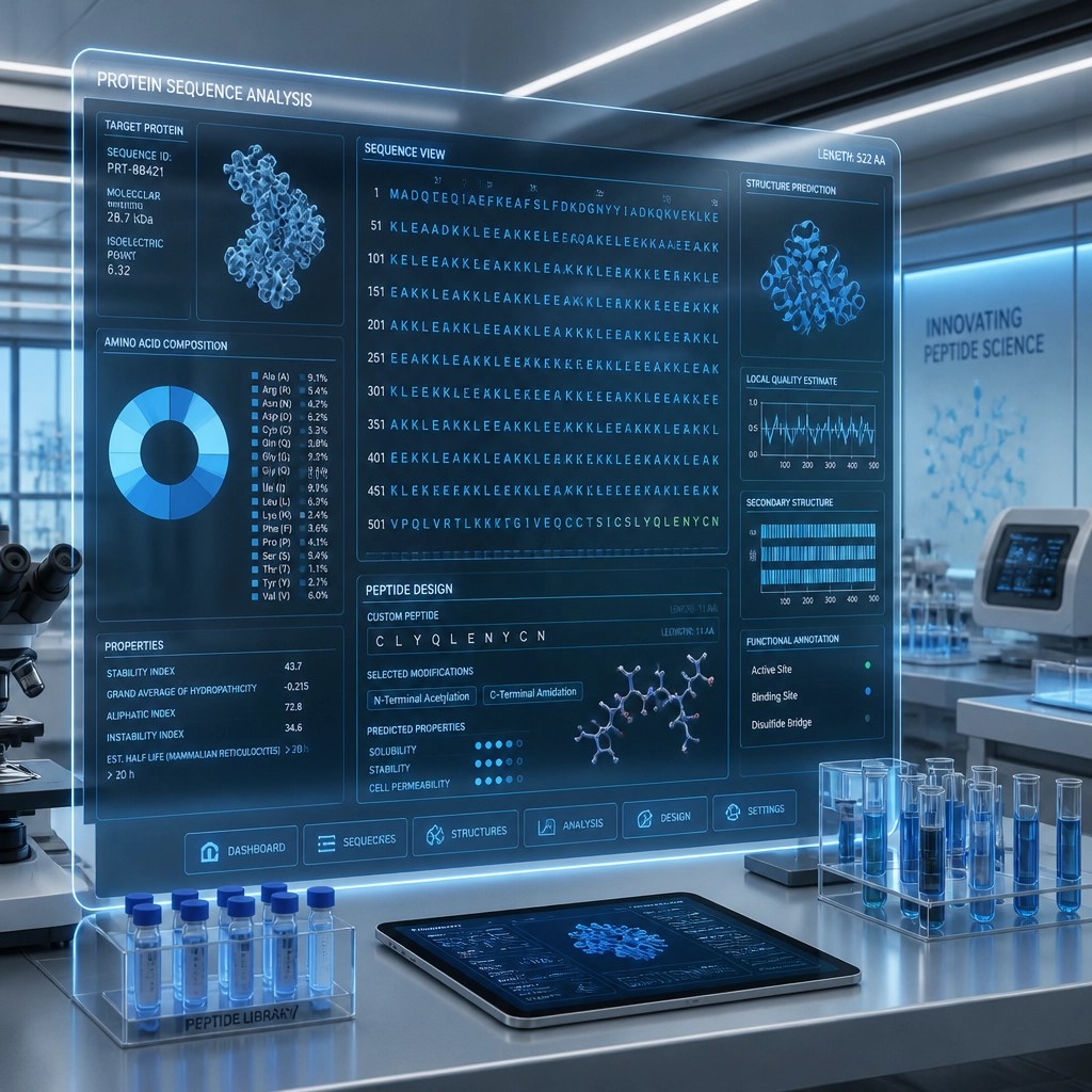 A high-tech lab setting with a digital interface showing protein sequences, very clean and modern, silver and blue tones, representing cutting-edge peptide research.