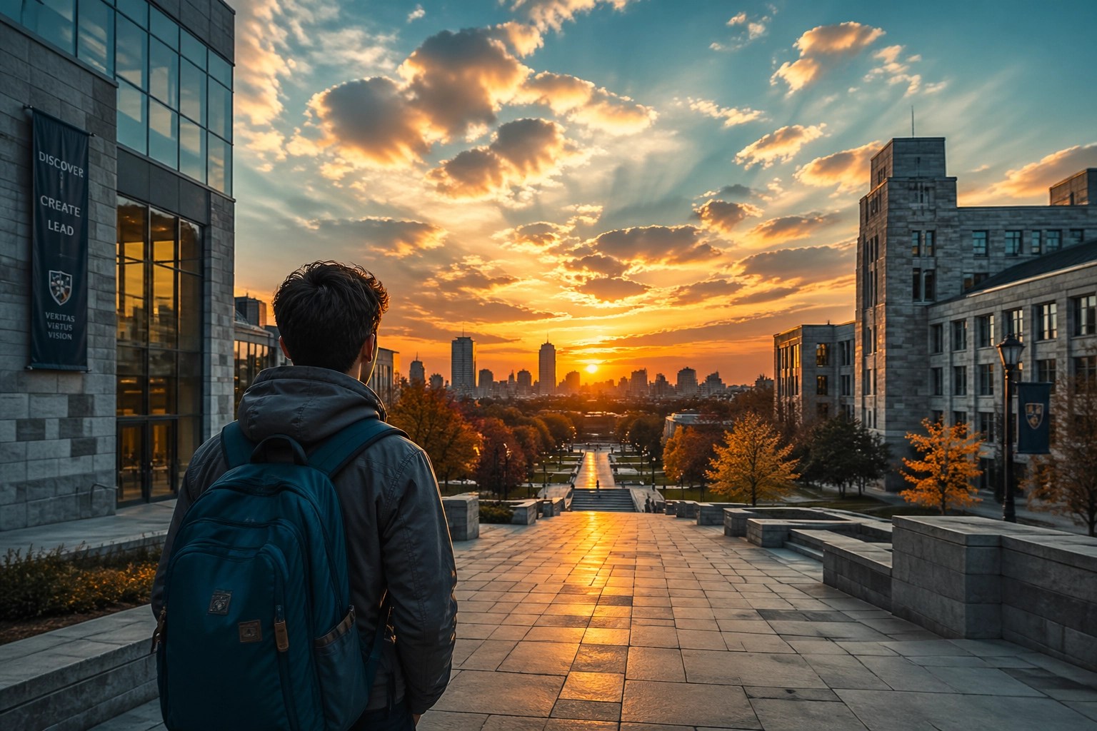 Student looking toward a city skyline at sunset, representing a purposeful career path after graduation.