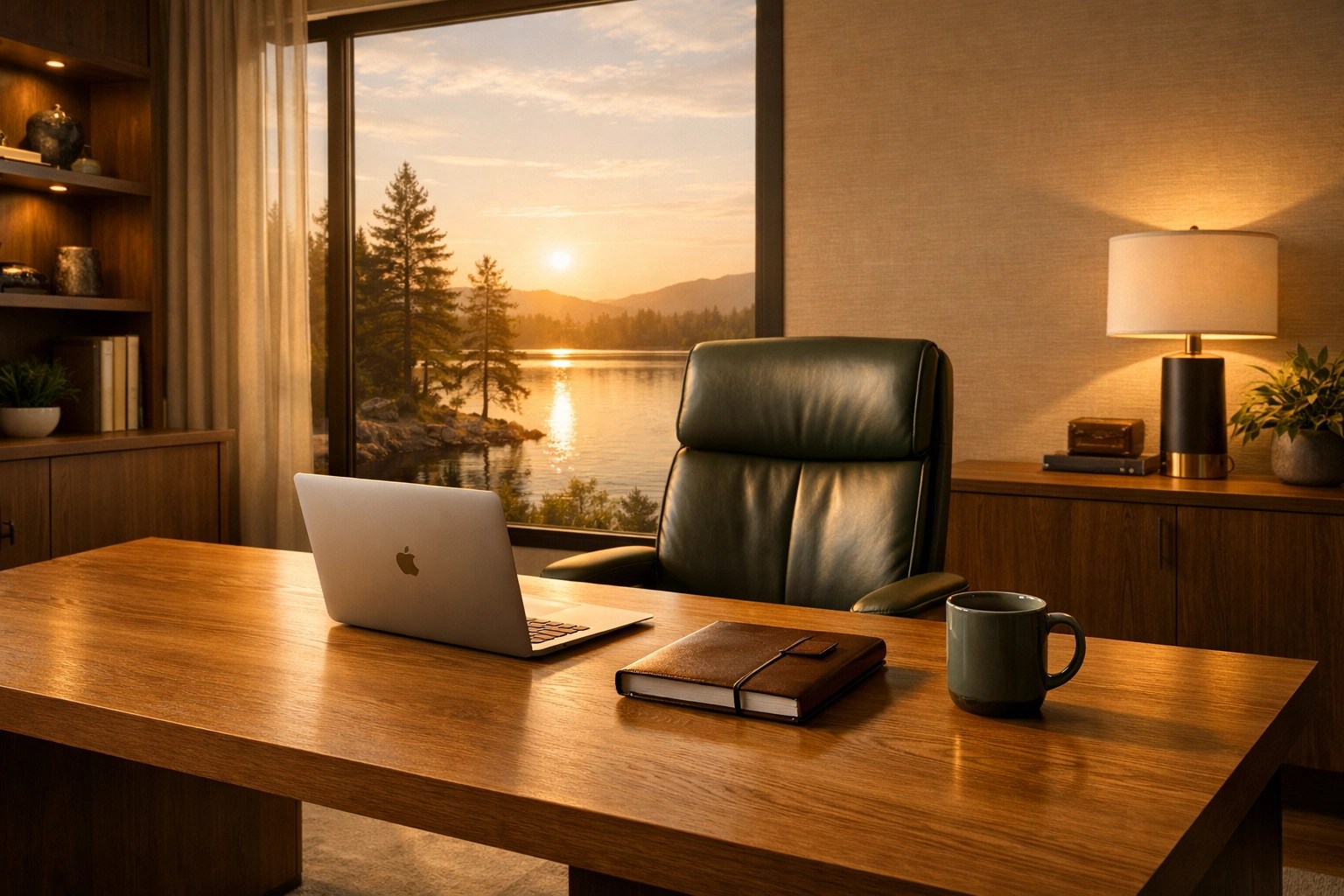 A calm, organized workspace showing the peace of mind of an independent non-profit leader.