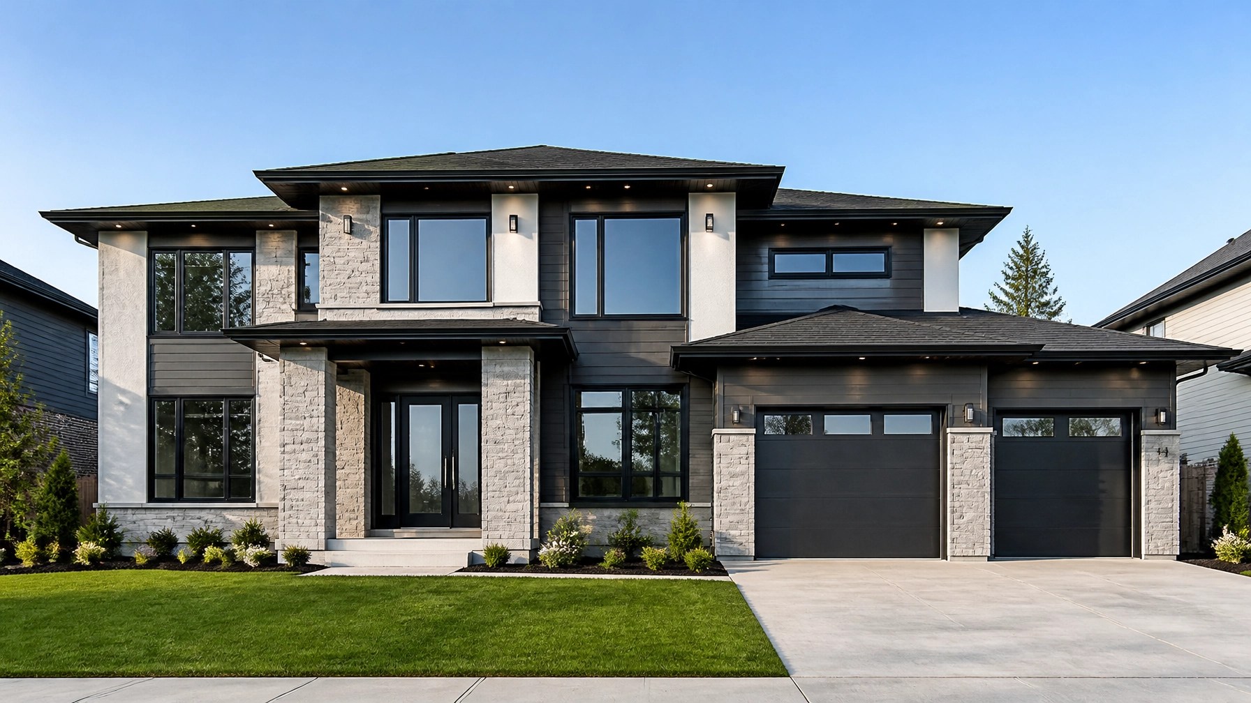 Modern two-story family home with clean architectural lines and natural lighting