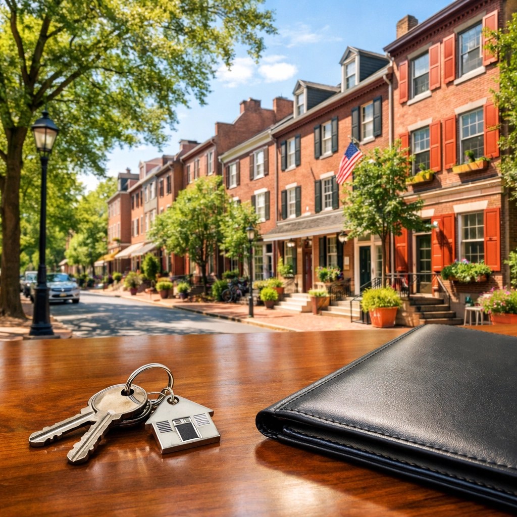 House keys and property documents with a view of a sunny Philadelphia street featuring classic brick rowhomes.
