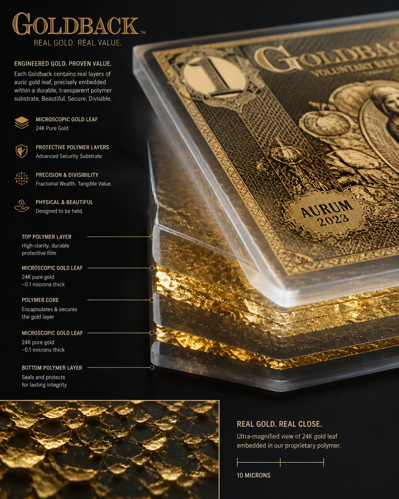 A macro 3D render of a Goldback note showing the precision, divisibility, and physical texture of the 24K gold leaf.