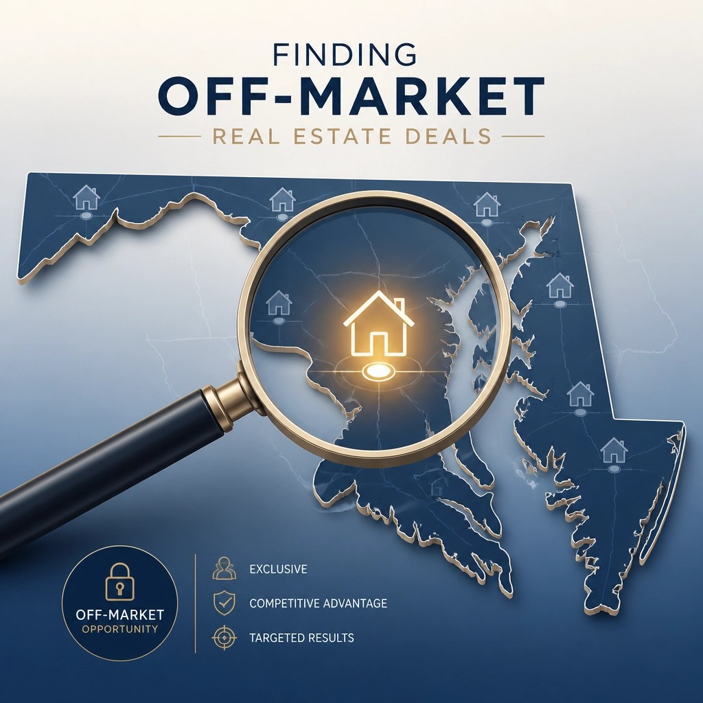 Abstract representation of finding off-market Maryland real estate deals with a magnifying glass