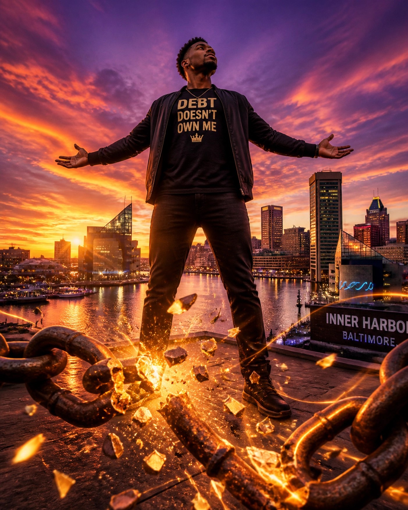 Empowered person in Baltimore breaking symbolic debt chains at sunset for financial freedom.
