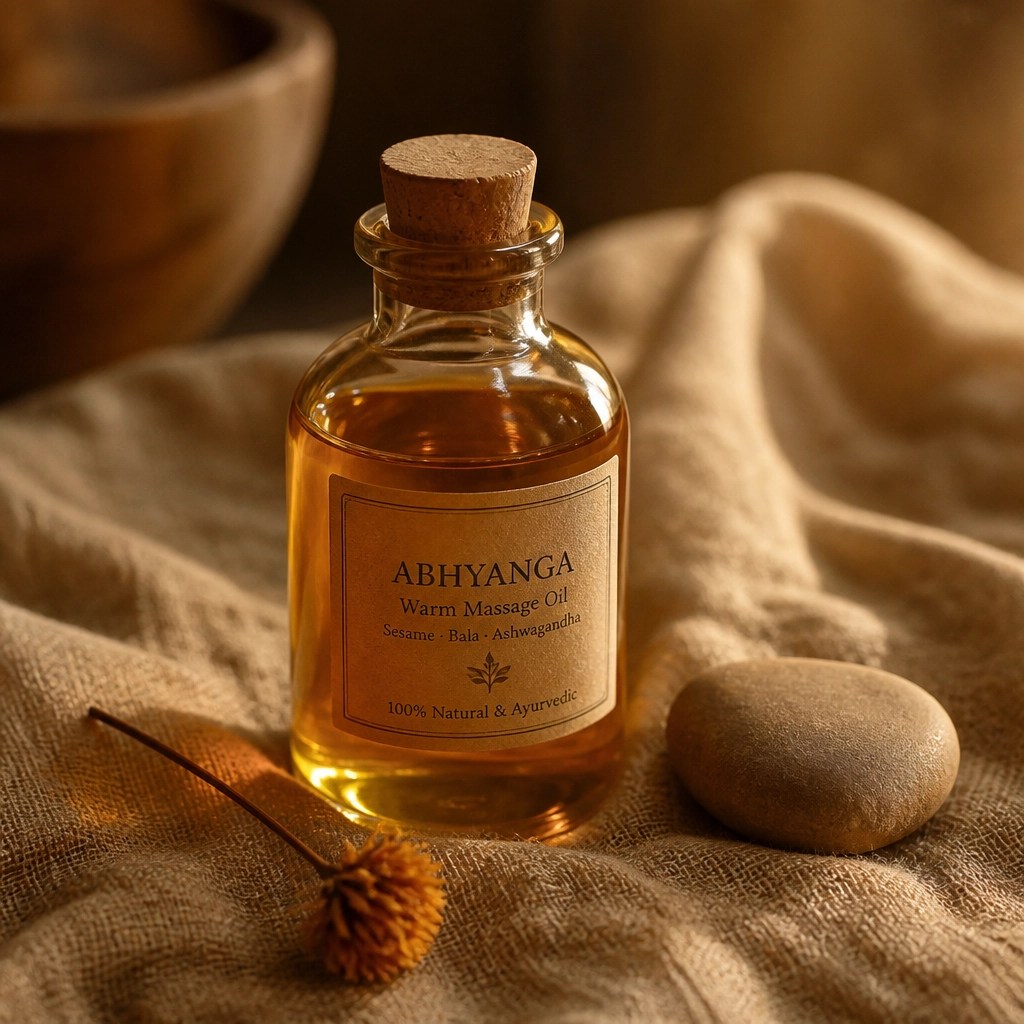 A glass bottle of warm massage oil (Abhyanga) on a textured linen cloth beside a smooth river stone and a dried flower.